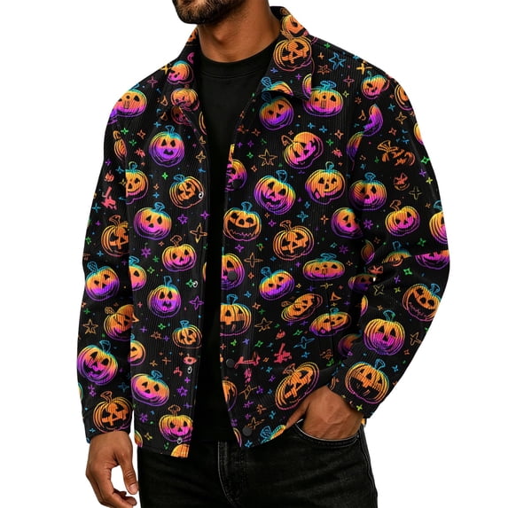 Mens Halloween Corduroy Jacket Lapel Collar Button Down Shirt With Pockets Long Sleeve Pumpkin Ghost Print Loose Fit Fall Winter Shacket Jackets
