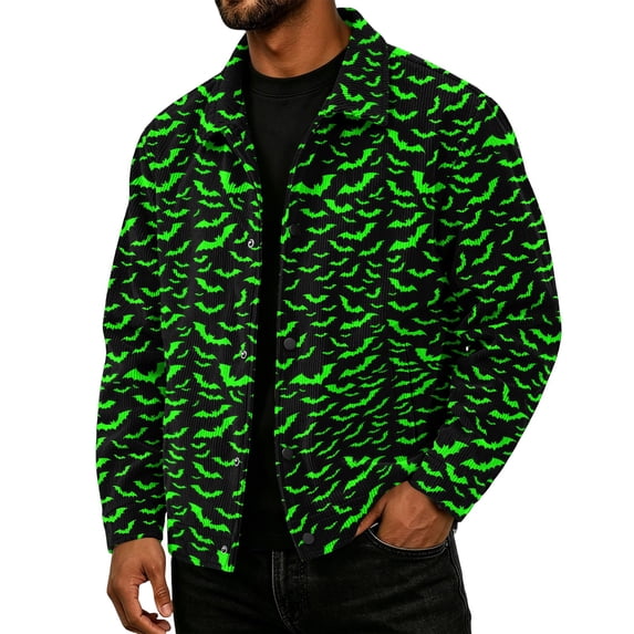 Mens Halloween Corduroy Jacket Lapel Collar Button Down Shirt With Pockets Long Sleeve Pumpkin Ghost Print Loose Fit Fall Winter Shacket Jackets