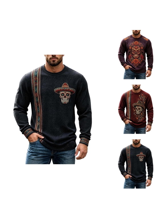 Mens Halloween Graphic Tee Day of the Dead Skull Art Long Sleeve Crew Neck Top Casual Holiday Shirt for Halloween Party and Everyday Outfits