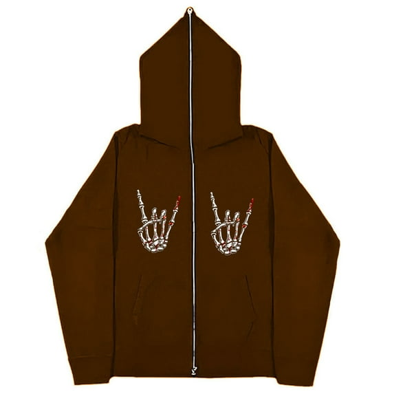 Mens Halloween Hoodies Dark Gothic Print Zip Up Hoodie Long Sleeve Relaxed Fit Streetwear Graphic Hoodies Brown M