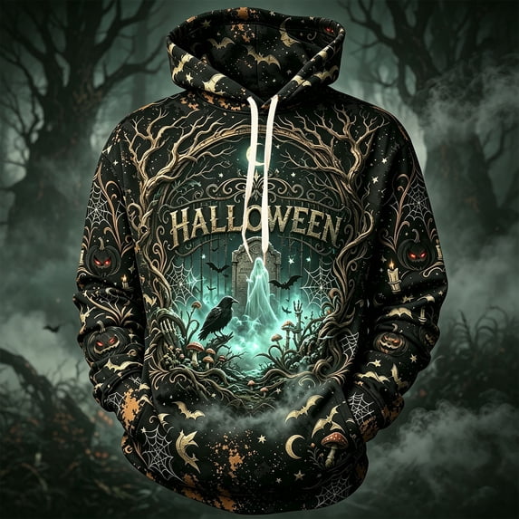 Mens Halloween Hoodies Skeleton Spiderweb Long Sleeve Spooky Pullover Hoodies Pumpkin Ghost Funny Adjustable Drawstring Hooded Sweatshirts, XL