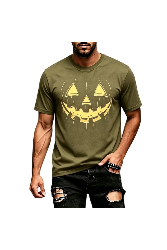 Mens Halloween Jack O'Lantern Pumpkin Face Print Crew Neck Short Sleeve T-Shirt, Soft Casual Holiday Graphic Tee for Halloween Party Daily Outdoor Wear(Khaki,S)