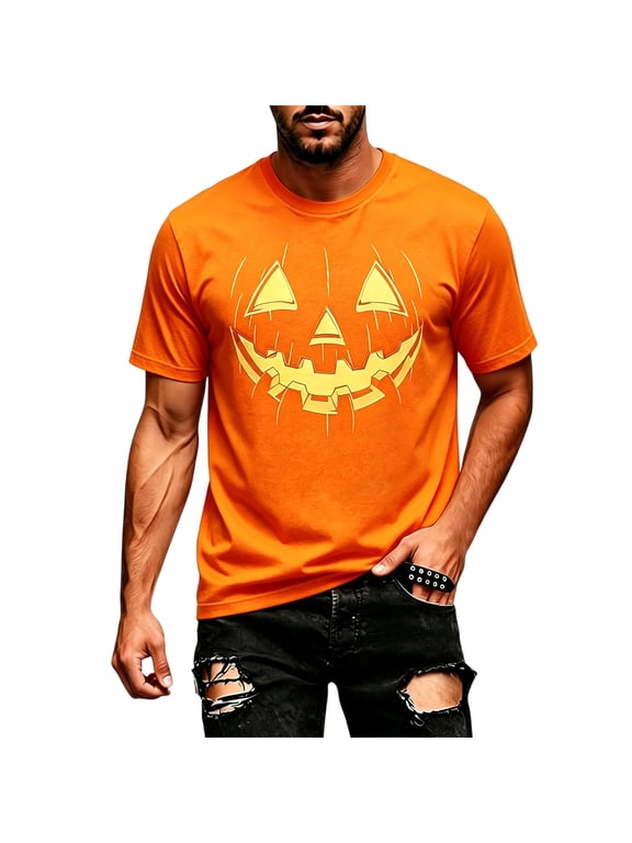 Mens Halloween Jack O'Lantern Pumpkin Face Print Crew Neck Short Sleeve T-Shirt, Soft Casual Holiday Graphic Tee for Halloween Party Daily Outdoor Wear(Orange,S)