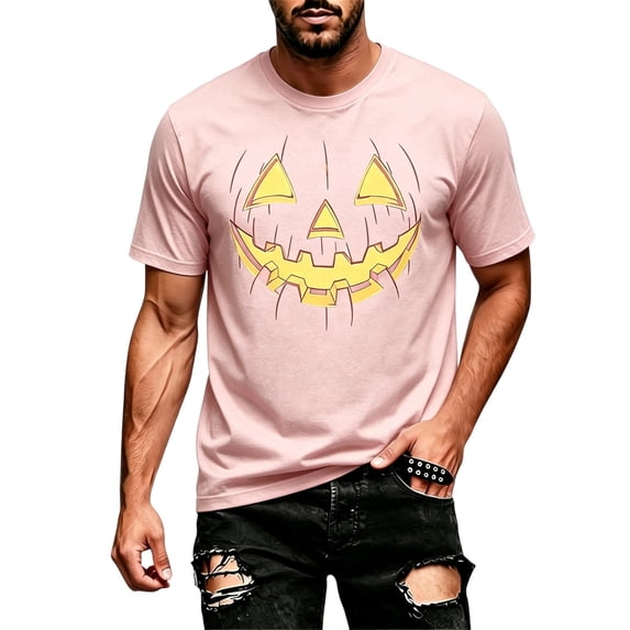 Mens Halloween Jack O'Lantern Pumpkin Face Print Crew Neck Short Sleeve T-Shirt, Soft Casual Holiday Graphic Tee for Halloween Party Daily Outdoor Wear(Pink,M)