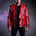thumbnail image 1 of Mens Halloween Jackets Faux Leather Motorcycle Contrast Full Zipper Stand Up Collar Fashion Jacket Red L, 1 of 7