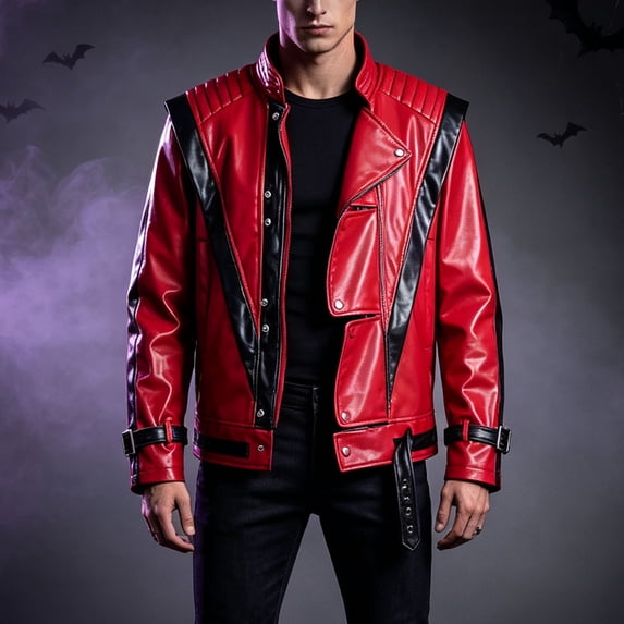 Mens Halloween Jackets Faux Leather Motorcycle Contrast Full Zipper Stand Up Collar Fashion Jacket Red L