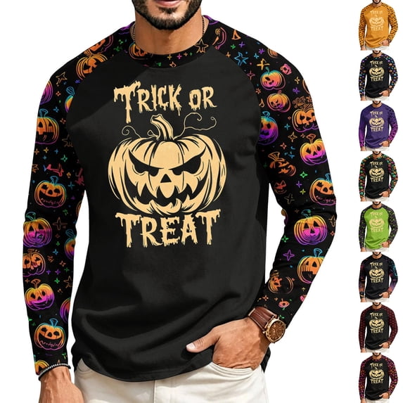 Mens Halloween Long Sleeve Shirt Spooky Ghost Witch Pumpkin Graphic Moisture Wicking Basic Tees for Holiday Wear
