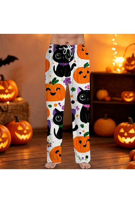 Mens Halloween Pajama Pants Ghost Spider Web Drawstring Spooky Pajama Pants Skull Bat Wide Leg Funny Sleep Pants, M