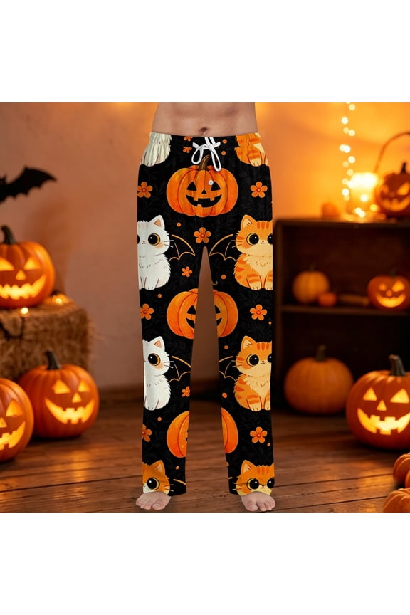 Mens Halloween Pajama Pants Pumpkin Skeleton Drawstring Horror Sleep Pants Candy Spider Web Elastic High Waist Spooky Pajama Pants, M