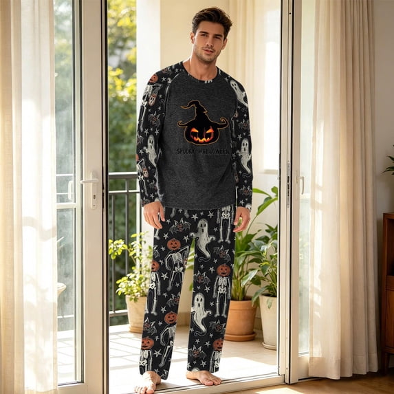 Mens Halloween Pajama Set 2 Piece Long Sleeve Crew Neck Halloween Tops Pj Shirts with Pockets Comfy Loungewear