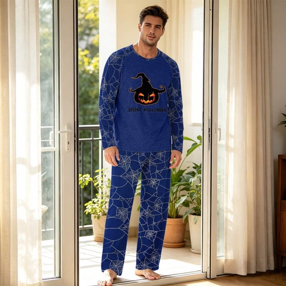 Mens Halloween Pajama Set 2 Piece Long Sleeve Crew Neck Halloween Tops Pj Shirts with Pockets Comfy Loungewear