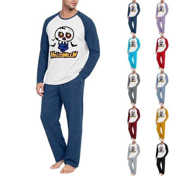Mens Halloween Pajama Set Raglan Long Sleeve Cartoon Skull Graphic Top Drawstring Elastic Waist Straight Leg Pants Casual Home Loungewear