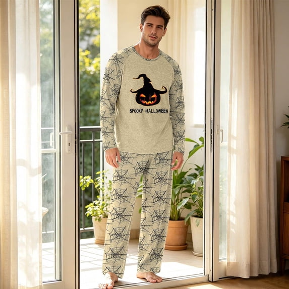 Mens Halloween Pajamas 2 Piece Set Crew Neck Halloween Shirts with Pj Pants Comfy Sleepwear Soft Loungewear