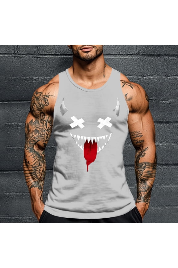 Mens Halloween Printed Personalized Fashion T-Shirt Workout Gym Muscle Tops Scoop Neck Tank