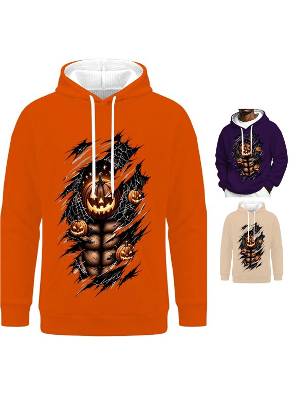Mens Halloween Pullover Hoodie Halloween Hoodie for Men 3D Skeleton Rib Cage Spine Scary Pullover Hooded Sweatshirt Party Top Orange XL