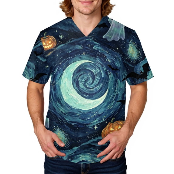 Mens Halloween Scrub Tops Novelty Printed V-Neck Medical Shirt Tops Halloween Scrub Tops Working Uniforms with Pockets