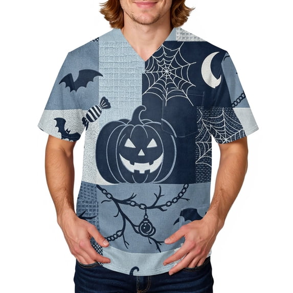 Mens Halloween Scrub Tops Novelty Pumpkin Graphic Short Sleeve V-Neck Scrub Shirts Halloween Pattern Scrub Tops