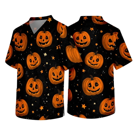 Mens Halloween Scrub Tops V Neck Funny Pumpkin Printed Halloween Scrub Shirts with Pockets