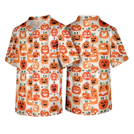 Mens Halloween Scrub Tops V Neck Funny Pumpkin Printed Halloween Scrub Shirts with Pockets