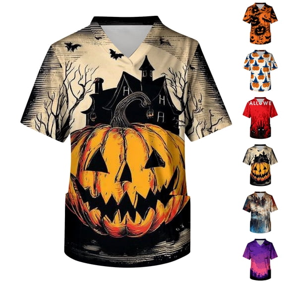 Mens Halloween Scrub Tops V Neck Short Sleeve Pumpkin Print Tees Easy Care Breathable Comfort Medical Uniform, XL