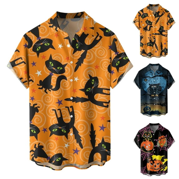 Mens Halloween Shirt Casual Cat Pumpkin Printed Button Down Lapel Short Sleeve Tops Loose Fall Comfortable Daily Wear Shirts for Men Orange XL