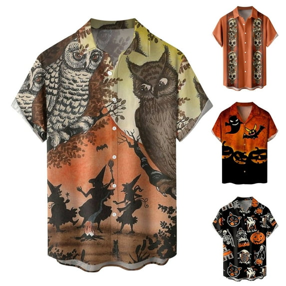 Mens Halloween Shirt Casual Cat Pumpkin Printed Button Down Lapel Short Sleeve Tops Loose Fall Lightweight Daily Wear Shirts for Men Orange S