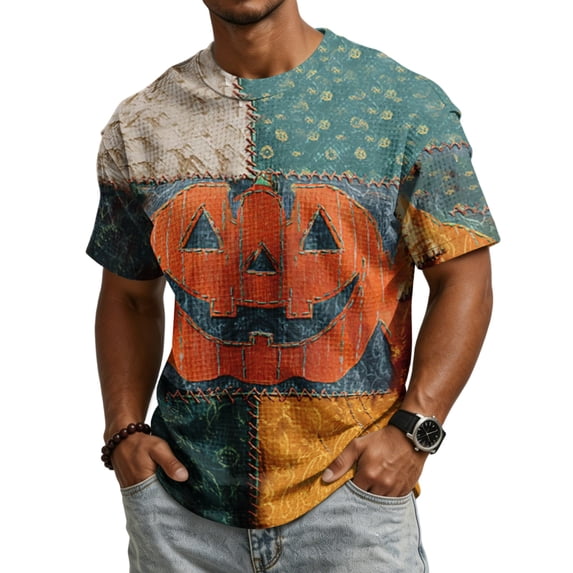 Mens Halloween Shirt Funny Jack-o'-lantern Face Print Graphic Halloween T Shirts Round Neck Short Sleeve Halloween Costume