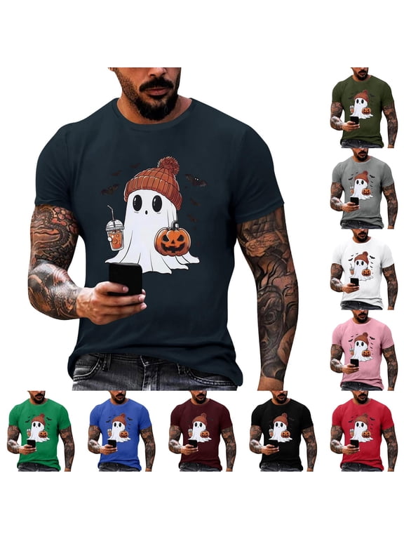 Mens Halloween Shirt Funny Pumpkin Ghost Print Graphic Halloween T Shirts Plus Size Short Sleeve Halloween Costume