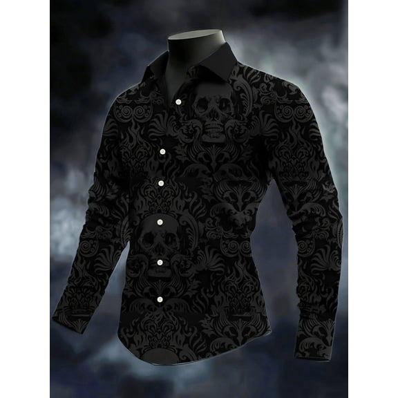 Mens Halloween Shirt Long Sleeve Button Down Shirts Vintage Skull Graphic Print for Holiday Formal Business Button Down Shirts Black 3XL