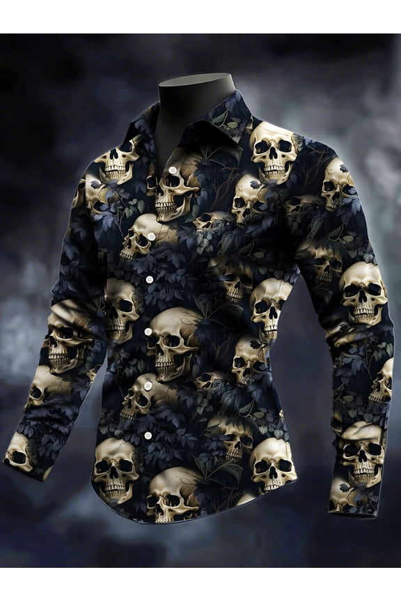 Mens Halloween Shirt Long Sleeve Button Down Shirts Vintage Skull Graphic Print for Holiday Formal Business Button Down Shirts Black Skull M