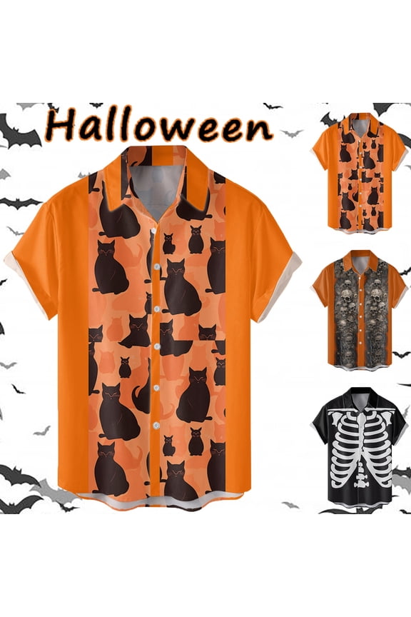 Mens Halloween Shirt Stylish Cat Skeleton Printed Short Sleeve Button Down Lapel Tops Comfortable Fall Daily Wear Shirts for Men Black L