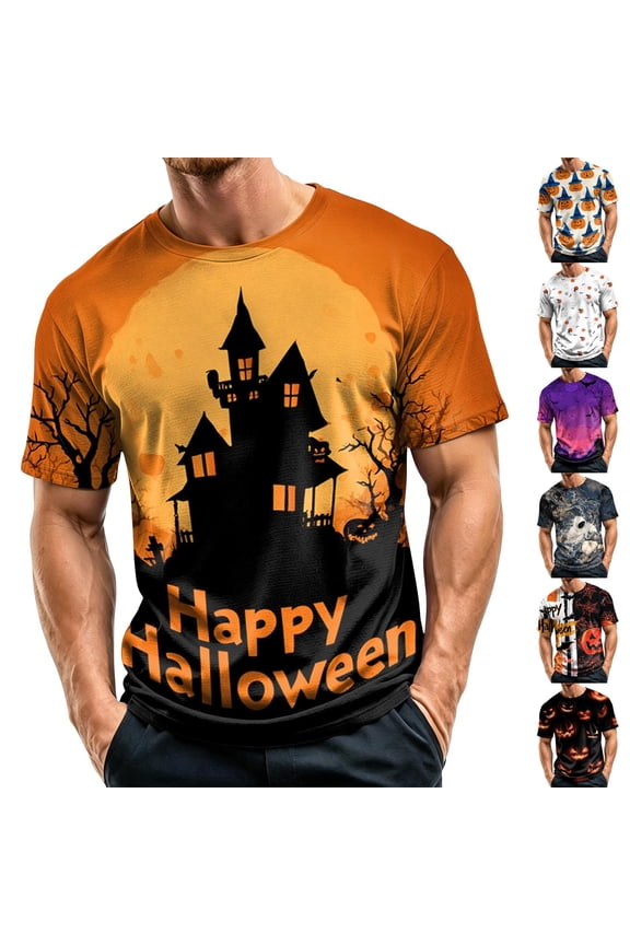 Mens Halloween Shirts Bat Skeleton Print Crew Neck Spooky Tees Castle Graphic Short Sleeve Horror Fall Tops S