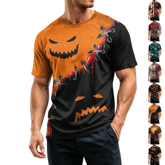 Mens Halloween Shirts Candy Spider Graphic Short Sleeve Fall Costumes Pumpkin Print Crew Neck Spooky Cute Tees M