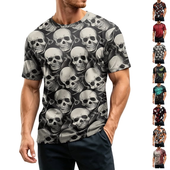Mens Halloween Shirts Castle Bat Print Crew Neck Scary Tees Skeleton Graphic Short Sleeve Cute Fall Costumes M