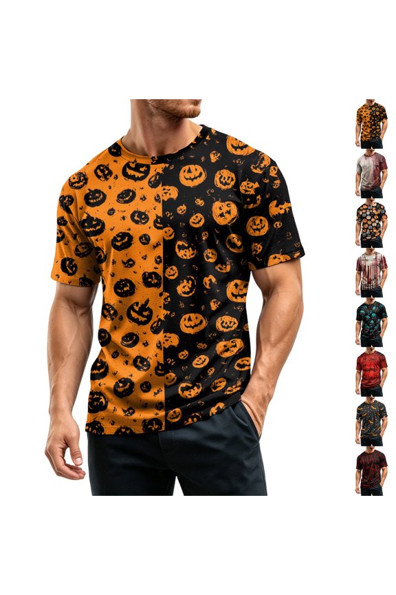 Mens Halloween Shirts Castle Witch Hat Graphic Crew Neck Horror Tops Bat Print Short Sleeve Fall Funny Costumes 3XL