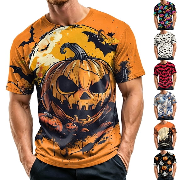Mens Halloween Shirts Ghost Pumpkin Print Short Sleeve Fall Tops Bat Graphic Crew Neck Horror Funny Tees S