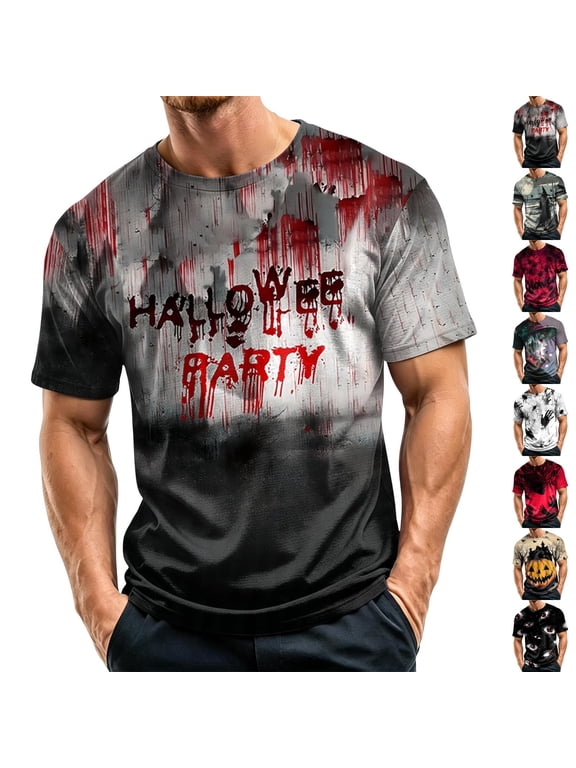 Mens Halloween Shirts Pumpkin Castle Print Short Sleeve Cute T-Shirt Bat Graphic Crew Neck Spooky Casual Tees 4XL