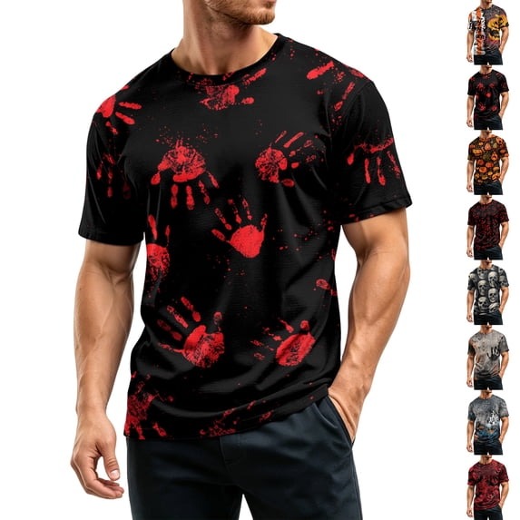 Mens Halloween Shirts Pumpkin Spider Print Short Sleeve Fall Costumes Ghost Graphic Crew Neck Vintage Spooky Tops 2XL