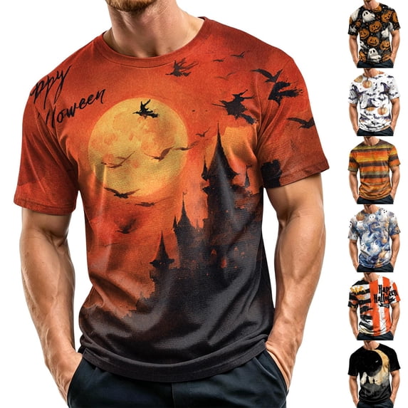 Mens Halloween Shirts Short Sleeve Crew Neck Pumpkin Bat Pullovers Causal Loose Funny Tees, L