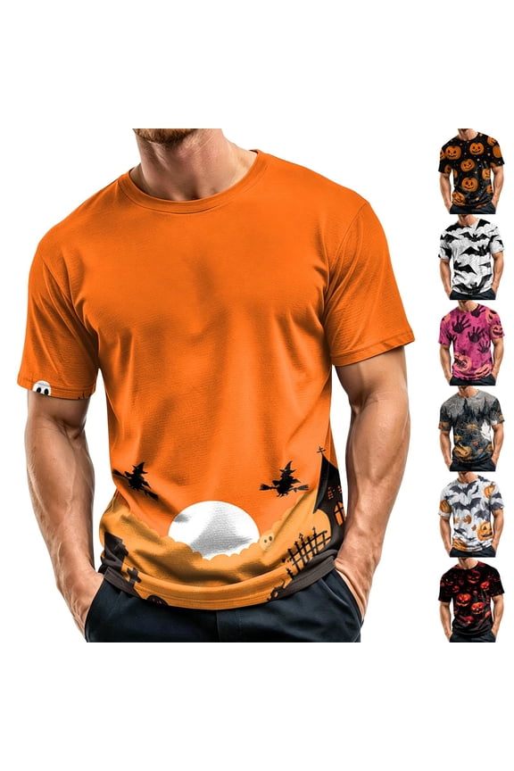 Mens Halloween Shirts Skeleton Candy Graphic Crew Neck Scary Tees Castle Print Short Sleeve Casual Spooky Costumes 3XL