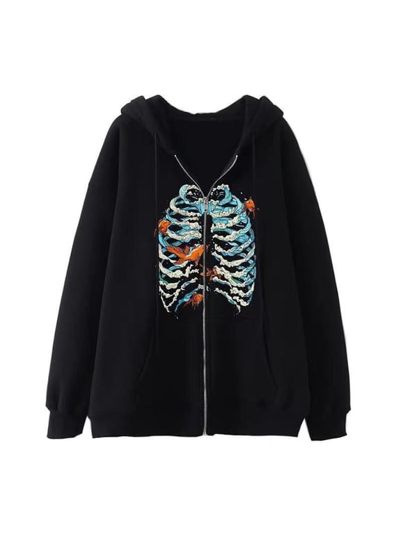 Mens Halloween Skeleton Graphic Zip Up Hoodie Loose Fit Long Sleeve Sweatshirt Jacket Outerwear for Fall Winter