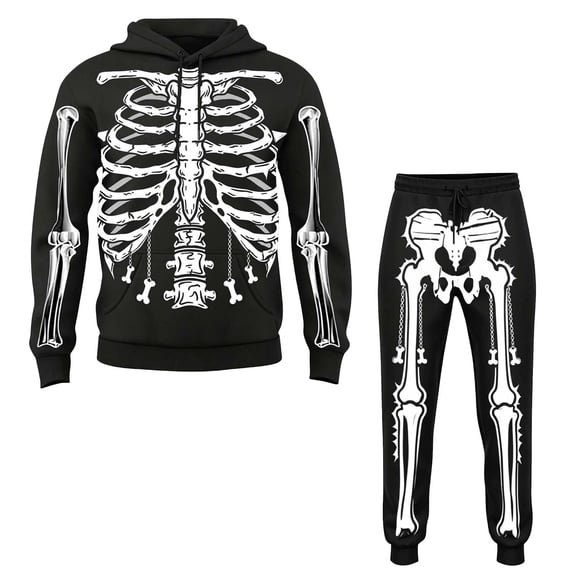 Mens Halloween Skeleton Print Hoodies Funny Sweatshirts and Pants 2 Pieces Matching Sets Black S