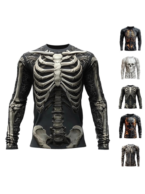 Mens Halloween Skeleton T-Shirt Long Sleeve Crew Neck Graphic Top Slim Fit Spooky Skull Print Shirt for Fall Casual Outings Holiday Party