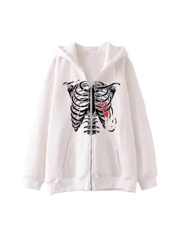 Mens Halloween Skeleton Zip Up Hooded Sweatshirt Long Sleeve Casual Fall Activewear Jacket Outerwear Top White S