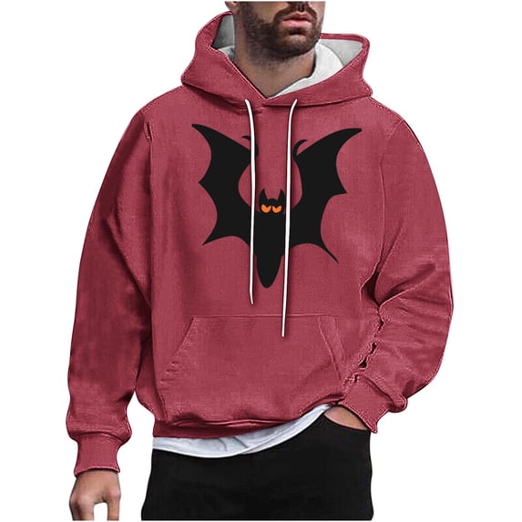 Mens Halloween Stylish Hoodies Plus Size Bat Printed Long Sleeve Sweatshirts Workout Clothing with Pockets