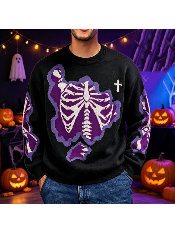 Mens Halloween Sweater Skeleton Graphic Printed Knit Pullover Oversized Loose Fit Warm Winter Sweater Soft Casual Knitwear for Festive Wear