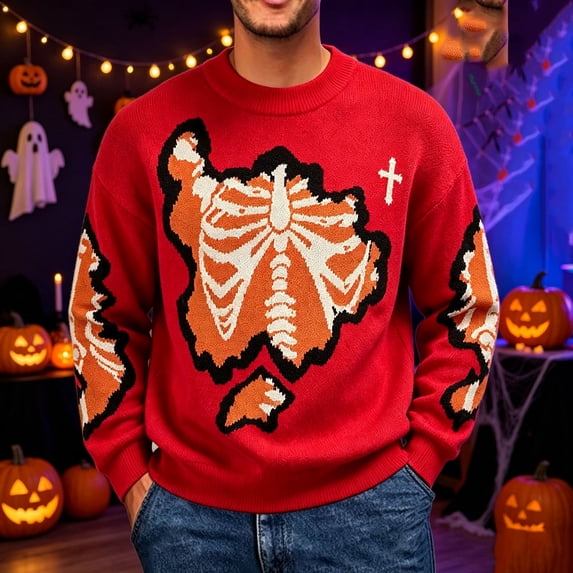 Mens Halloween Sweater Skeleton Graphic Printed Knit Pullover Oversized Loose Fit Warm Winter Sweater Soft Casual Knitwear for Festive Wear