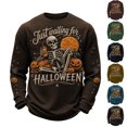 thumbnail image 1 of Mens Halloween Sweatshirts Funny Just Waiting for Halloween Skeleton Pumpkin Printed Crewneck Long Sleeve Spooky Season Casual Pullover Sweatshirt, 2XL, 1 of 5