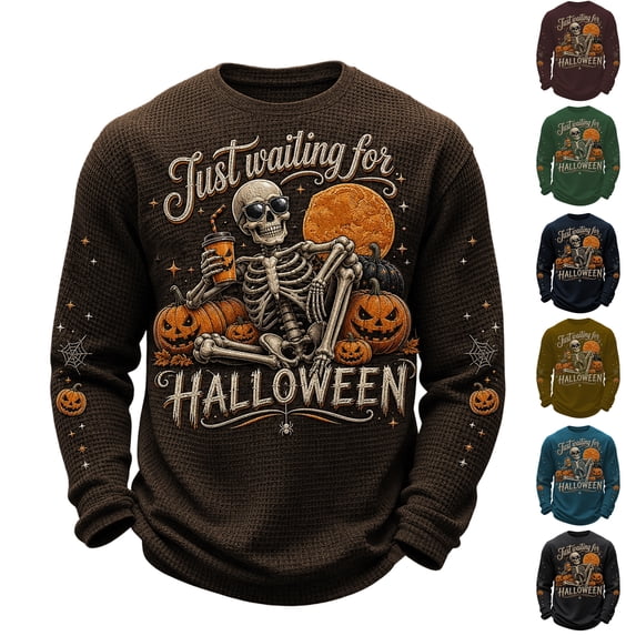 Mens Halloween Sweatshirts Funny Just Waiting for Halloween Skeleton Pumpkin Printed Crewneck Long Sleeve Spooky Season Casual Pullover Sweatshirt, 2XL