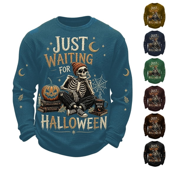 Mens Halloween Sweatshirts Funny Just Waiting for Halloween Skeleton Pumpkin Printed Crewneck Long Sleeve Spooky Season Casual Pullover Sweatshirt, 3XL